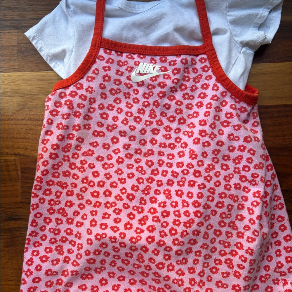🌸👗 Nike Pink & Red Floral Spaghetti Strap Dress Set – 18–24 Months 💖